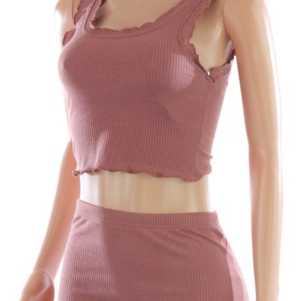 Dusty Rose 2-Piece Set V-Neck Crop Top and Pencil Skirt | Cotton Ribbed Stretch